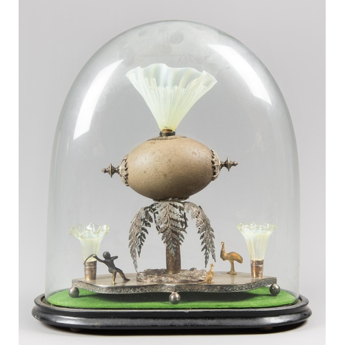 17 - AN IMPRESSIVE 19TH CENTURY AUSTRALIAN SILVER MOUNTED EMU EGG CENTREPIECE DIORAMA UNDER GLASS DOME.
(... 