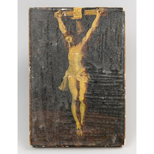 171 - CHRIST ON THE CROSS, 18TH/19TH CENTURY OIL ON BOARD.
(h 24cm x w 16.8cm)