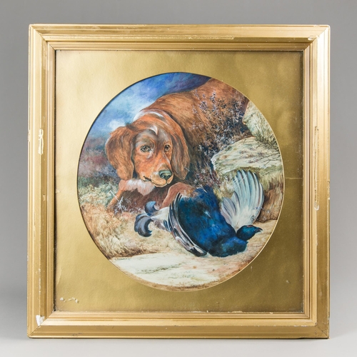 185 - A LATE 19TH/EARLY 20TH CENTURY WATERCOLOUR HUNTING SCENE OF A SPORTING DOG.
Gilt and glazed frame, s... 