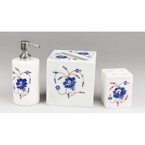 192 - A LAPIS LAZULI ON WHITE MARBLE TISSUE BOX COVER, SOAP DISPENSER, & TOOTHBRUSH HOLDER.
Tissue box (h ... 