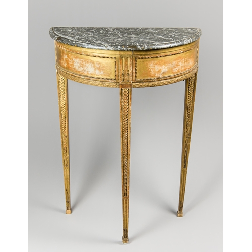 24 - A 19TH CENTURY GILT WOOD AND MARBLE DEMI LUNE CONSOLE TABLE.
(h 89cm x w 62cm x d 33cm)