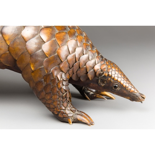 270 - A LARGE AND IMPRESSIVE LATE 19TH CENTURY TAXIDERMY PANGOLIN (PHOLIDOTA).
(h 22cm x w 89.5cm x d 22cm... 