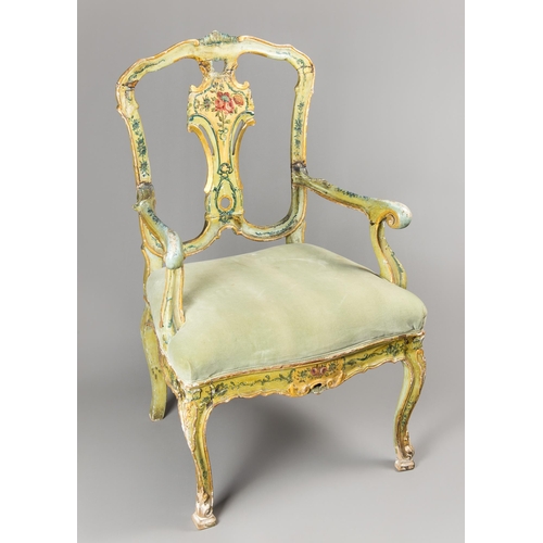 32 - AN 18TH/19TH CENTURY VENETIAN ARMCHAIR.
Polychrome painted with floral bouquets and garlands.