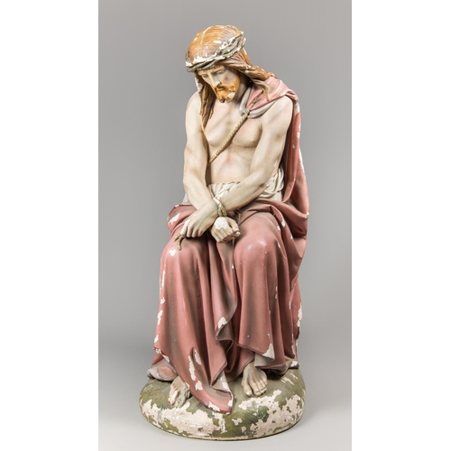 35 - HERBERT AND COX OF LIVERPOOL, A LATE 19TH/EARLY 20TH CENTURY RARE PLASTER STATUE, CHRIST SEATED ON A... 