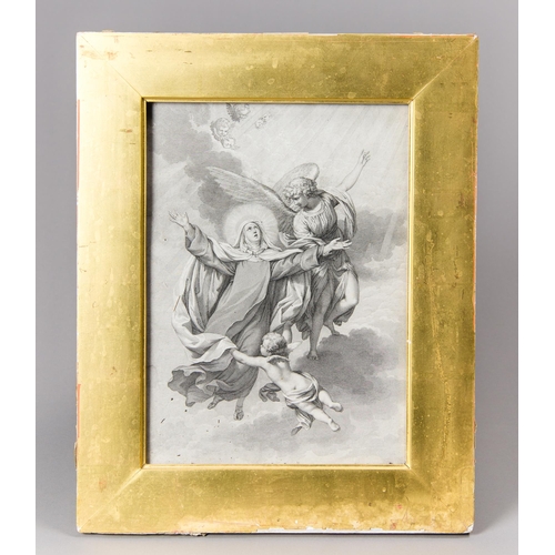 37 - A 19TH CENTURY RELIGIOUS ENGRAVING WITH ANGELS AND CHERUBIM.
Framed and glazed. (h 42cm x w 33.5cm)