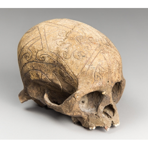 398 - A 19TH CENTURY SCIENTIFIC MEDICAL STUDY DAYAK TRIBAL SKULL.
(h 15cm x w 15cm x d 19.5cm)