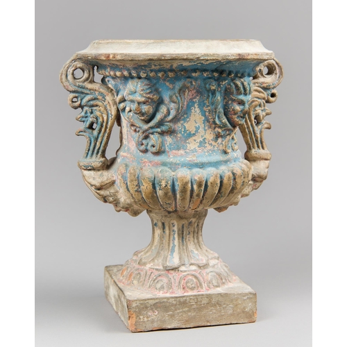 40 - A RARE AND UNUSUAL 19TH CONTINENTAL NEOCLASSICAL STYLE PAINTED TERRACOTTA URN.
(h 23cm)