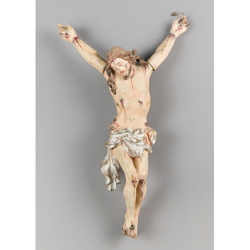 51 - A 19TH CENTURY CARVED AND POLYCHROME WOOD CORPUS CHRISTI.
(h 32cm x w 29.5cm x d 6cm)