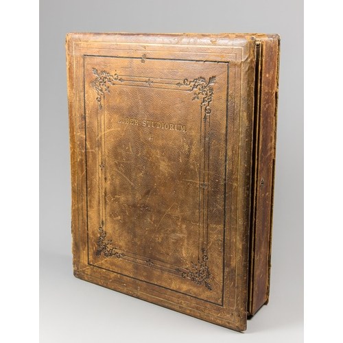 91 - A GIGANTIC ANTIQUE LEATHER-BOUND BOOK BOX.
(h 64cm x w 51cm x d 12cm)