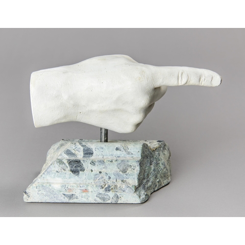 92 - A PLASTER HAND ON ARCHITECTURAL MARBLE FRAGMENT, BOOKEND SCULPTURE.
Hand swivels on steel rod.
(h 17... 