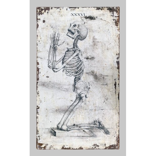 163 - “PRAYING SKELETON”, AN IMPRESSIVE LARGE-SCALE ART PIECE PAINTED ON STEEL. AFTER WILLIAM CHESELDEN (1... 