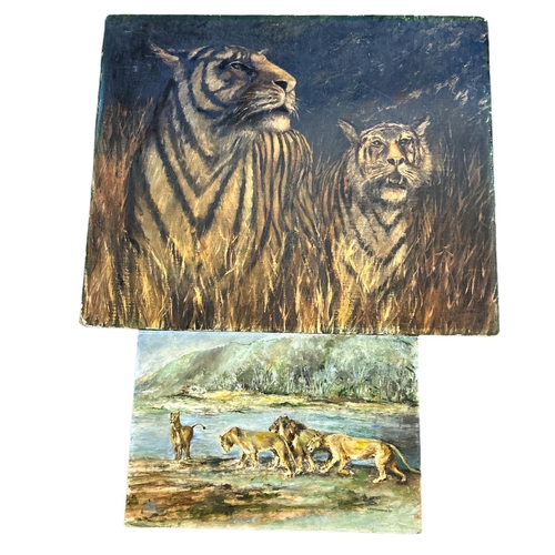 420 - G. WICKENS, A 20TH CENTURY OIL ON ARTIST BOARD 'TIGER' STUDY
Two tigers in beige palette, signed low... 