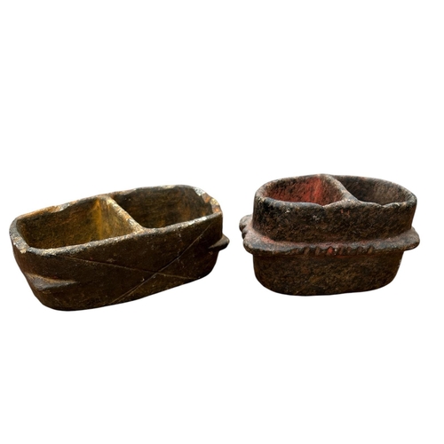 484 - TWO SOUTH AMERICAN CARVED HARDSTONE VESSELS
Rectangular form with two dug out wells.

Condition: som... 