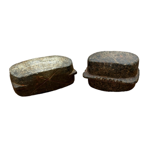 484 - TWO SOUTH AMERICAN CARVED HARDSTONE VESSELS
Rectangular form with two dug out wells.

Condition: som... 