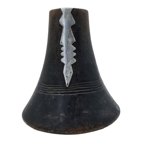 417 - AN AFRICAN CARVED WOODEN RWANDA TUTSI MILK JUG
Conical form with applied metallic mound and dome for... 