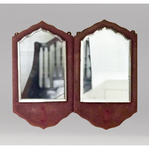 146 - A PAIR OF FRENCH 19TH CENTURY BEVELLED AND RED VELVET WALL MIRRORS.
Each (h 45cm x w 26cm x d 2cm)