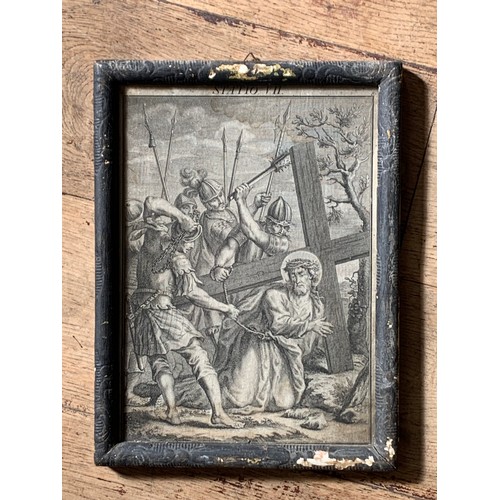 181 - A RARE 18TH/19TH CENTURY FRAMED SET OF ENGRAVINGS OF THE 14 STATIONS OF THE CROSS, DEPICTING THE CRU... 