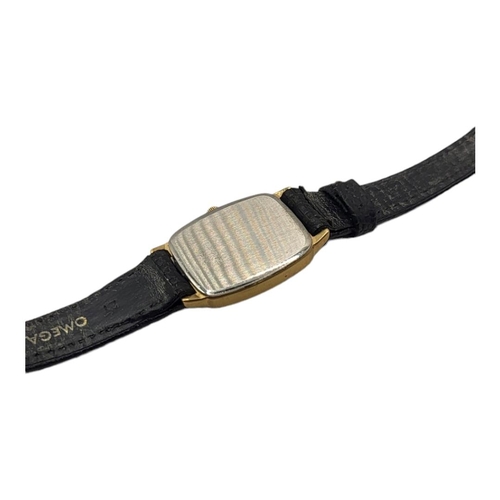 121 - OMEGA DEVILLE, A VINTAGE GOLD PLATED LADIES’ WRISTWATCH
Cream tone dial and black leather omega stra... 