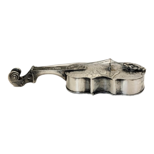 138 - A 19TH CENTURY CONTINENTAL SILVER NOVELTY CELLO SNUFF BOX
Hinged compartment to rear and embossed fi... 