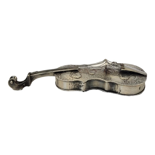 140 - A 19TH CENTURY CONTINENTAL SILVER NOVELTY CELLO SNUFF BOX
Having a hinged compartment to rear and em... 