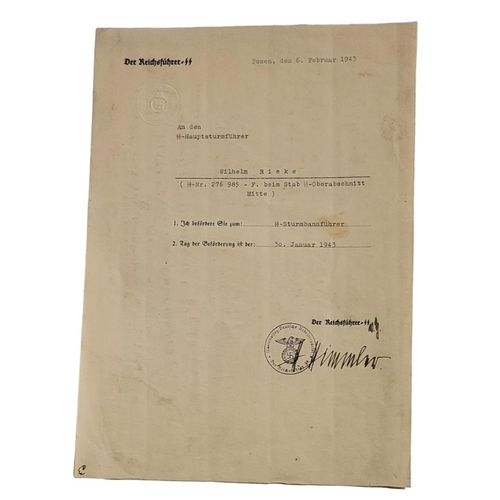 143 - WWII INTEREST, WWII Third Reich SS Promotion document hand signed by Reichfuhrer SS Heinrich Himmler... 