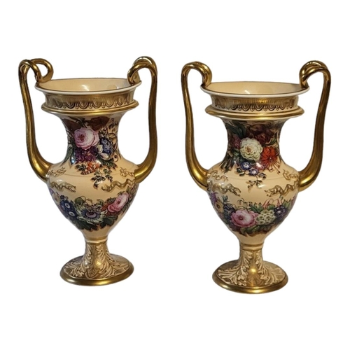 155 - A PAIR OF IMPRESSIVE EARLY 19TH CENTURY COPELAND AND GARRETT LATE SPODE FELSPAR JEWELLED CAMPANA TWI... 