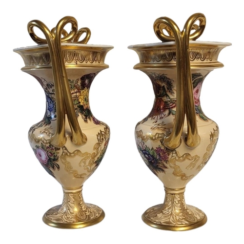 155 - A PAIR OF IMPRESSIVE EARLY 19TH CENTURY COPELAND AND GARRETT LATE SPODE FELSPAR JEWELLED CAMPANA TWI... 