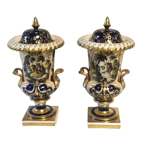 156 - A PAIR OF FINE EARLY ENGLISH CAMPANA SHAPED PEDESTAL VASES AND COVERS, CIRCA 1805 - 1830
Probably Sp... 