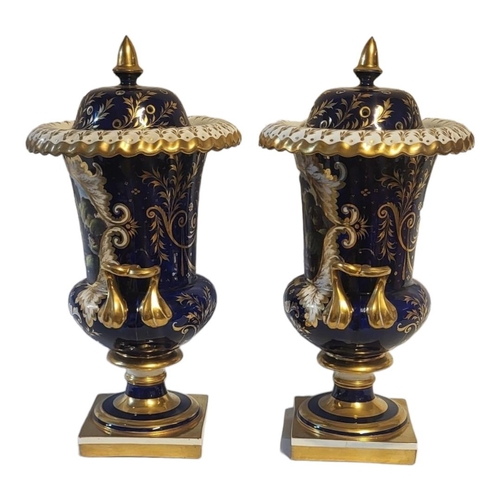 156 - A PAIR OF FINE EARLY ENGLISH CAMPANA SHAPED PEDESTAL VASES AND COVERS, CIRCA 1805 - 1830
Probably Sp... 