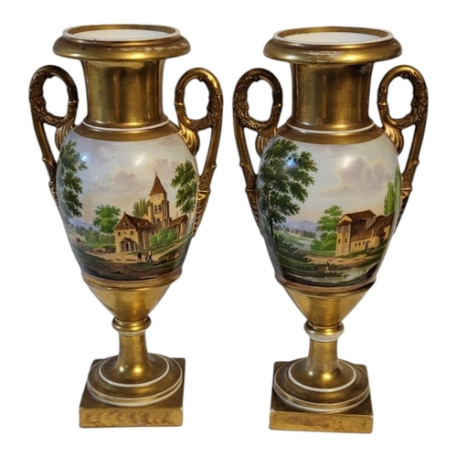 160 - A PAIR OF EARLY 19TH CENTURY CONTINENTAL PORCELAIN CAMPANA SHAPED TWIN HANDLED PEDESTAL VASES
Centra... 