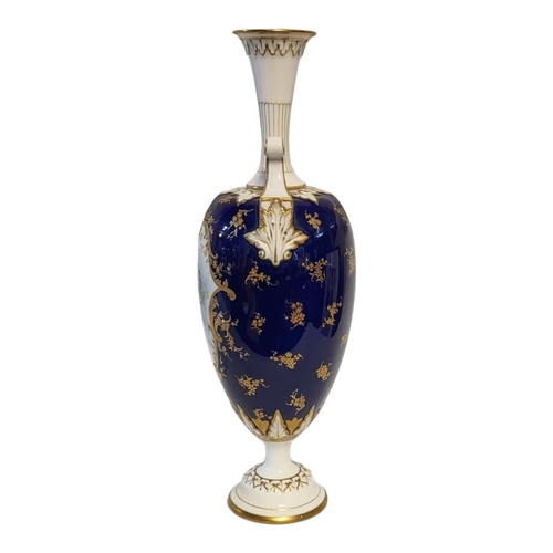 165 - HAWKINS FOR ROYAL WORCESTER, SLENDER OVOID TWIN HANDLED PORCELAIN VASE
Leadless glaze, dated 1901, a... 