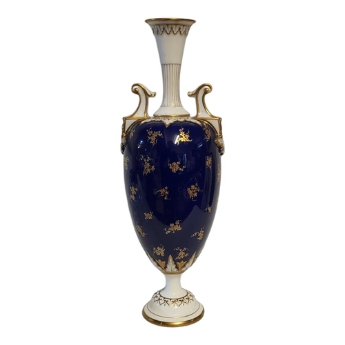 165 - HAWKINS FOR ROYAL WORCESTER, SLENDER OVOID TWIN HANDLED PORCELAIN VASE
Leadless glaze, dated 1901, a... 