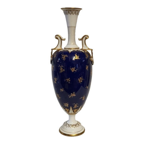 165 - HAWKINS FOR ROYAL WORCESTER, SLENDER OVOID TWIN HANDLED PORCELAIN VASE
Leadless glaze, dated 1901, a... 