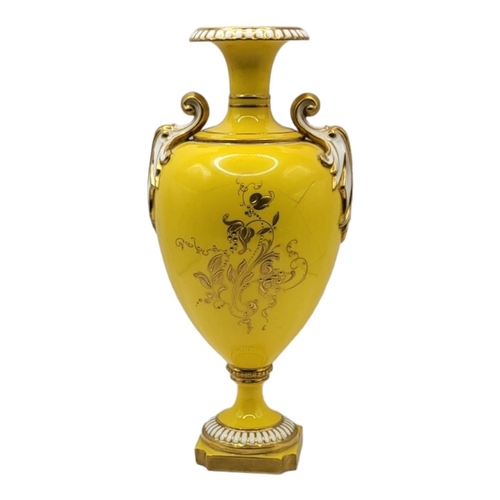 166 - R. SEBRIGHT FOR ROYAL WORCESTER, PORCELAIN OVIFORM TWIN HANDLED VASE
Painted with fruit, puce factor... 