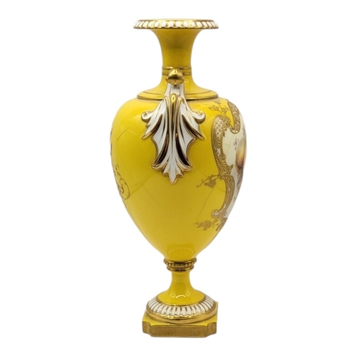 166 - R. SEBRIGHT FOR ROYAL WORCESTER, PORCELAIN OVIFORM TWIN HANDLED VASE
Painted with fruit, puce factor... 