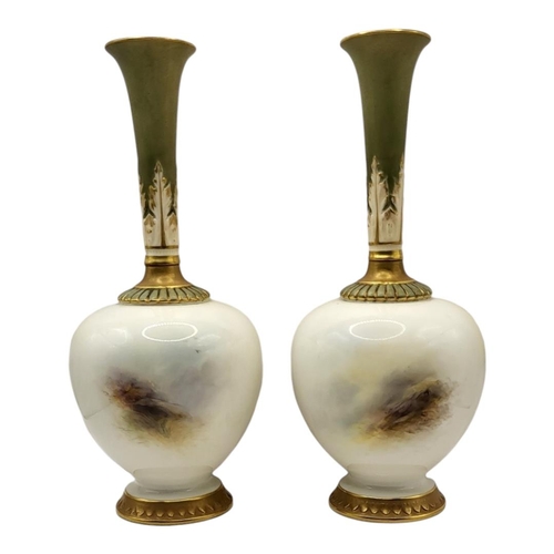 169 - HARRY STINTON FOR ROYAL WORCESTER, A PAIR OF PORCELAIN SLENDER OVOID VASES
Painted to one side in co... 