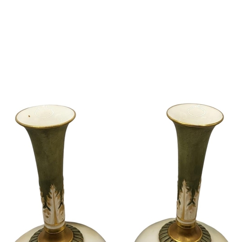 169 - HARRY STINTON FOR ROYAL WORCESTER, A PAIR OF PORCELAIN SLENDER OVOID VASES
Painted to one side in co... 