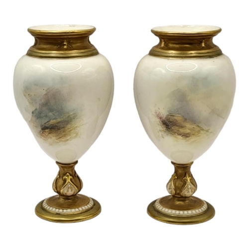 171 - HARRY STINTON FOR ROYAL WORCESTER, A PAIR OF PORCELAIN GLOBULAR VASES
Dated 1918 and 1919, both in c... 