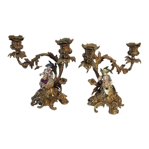 184 - A PAIR OF RARE 19TH CENTURY MINTON AND GILT BRONZE ORMOLU HIGHLY ORNAMENTAL TABLETOP TWIN BRANCH CAN... 