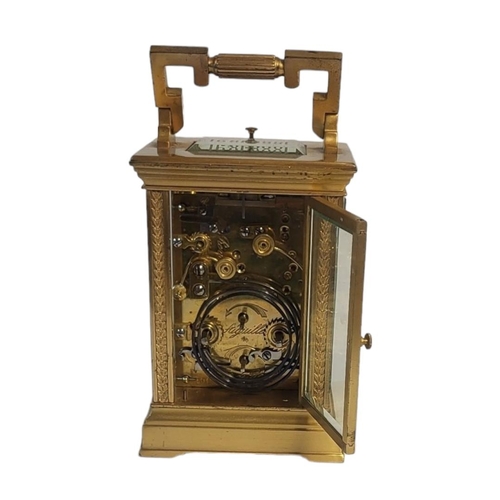 187 - A FINE 19TH CENTURY FRENCH GILT BRASS CARRIAGE CLOCK/TIMEPIECE
Enamelled chapter ring with Roman num... 