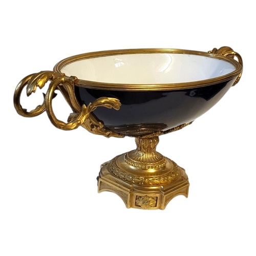 189 - A 19TH CENTURY FRENCH EMPIRE STYLE GILDED BRONZE ORMOLU MOUNTED HARD PASTE PORCELAIN MIDNIGHT BLUE G... 