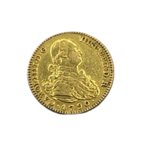 2 - AN 18TH CENTURY SPANISH 18CT GOLD TWO ESCUDOS COIN, DATED 1790 
With King Carlos IV portrait bust an... 