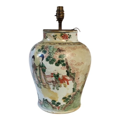 201 - AN 18TH CENTURY CHINESE FAMILLE ROSE HARD PASTE PORCELAIN BALUSTER LAMP BASE
Enamelled in polychrome... 