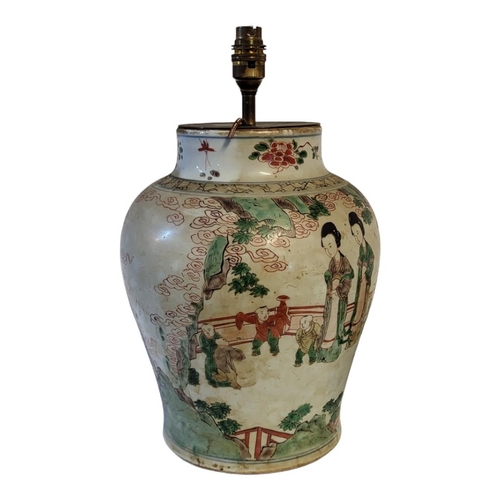 201 - AN 18TH CENTURY CHINESE FAMILLE ROSE HARD PASTE PORCELAIN BALUSTER LAMP BASE
Enamelled in polychrome... 