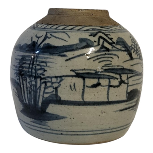 204 - A CHINESE QING DYNASTY BLUE AND WHITE GINGER JAR
Underglaze monochrome painted with provincial naive... 