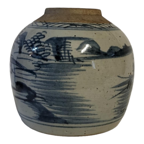 204 - A CHINESE QING DYNASTY BLUE AND WHITE GINGER JAR
Underglaze monochrome painted with provincial naive... 