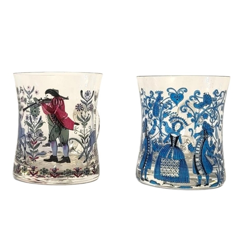 208 - A PAIR OF MID CENTURY  DANISH GLASS AND ENAMEL CUPS
Decorated with traditional courting and hunting ... 