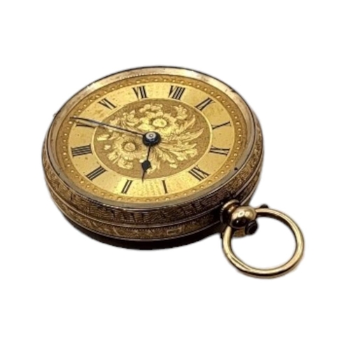 39 - AN EARLY 20TH CENTURY 9CT GOLD LADIES’ POCKET WATCH
Open face with engraved decoration and screw win... 