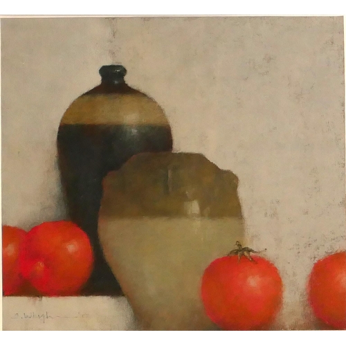 418 - TERRY WHYBROW, BRITISH, 1932 - 2020, OIL ON PAPER
Still life, pots and tomatoes, 2002, signed, dated... 