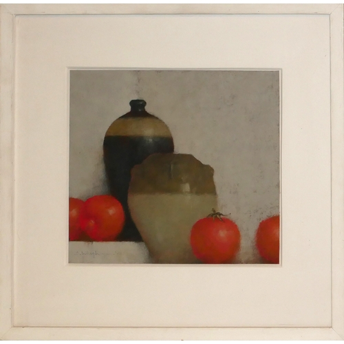 418 - TERRY WHYBROW, BRITISH, 1932 - 2020, OIL ON PAPER
Still life, pots and tomatoes, 2002, signed, dated... 